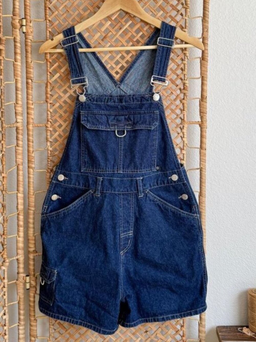 Vintage 90s No Boundaries Dark Wash Denim Shortalls Bib Pocket Y2K